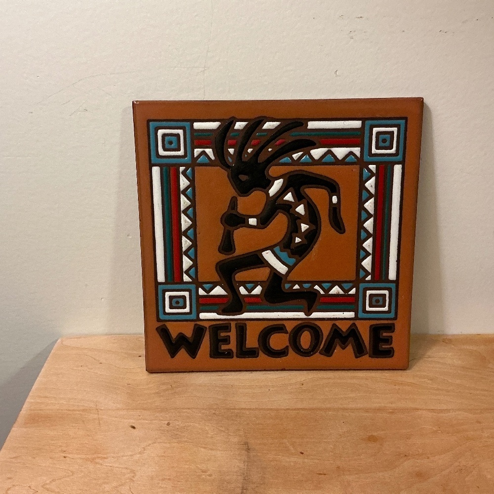 South West Art Style Kokopelli Welcome Glazed Ceramic Tile/Trivet